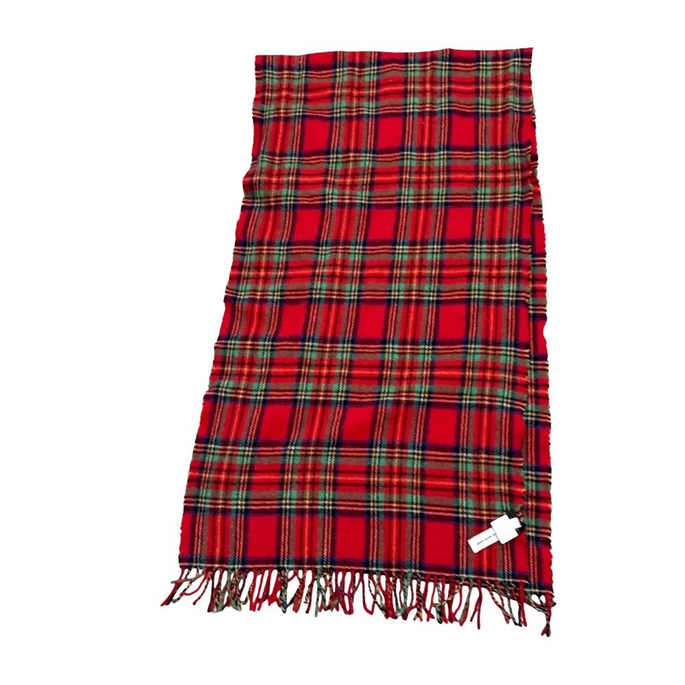 J. Crew Women's Wrap Scarf Plaid Red Green Italian Wool Blend Fringe Rectangle